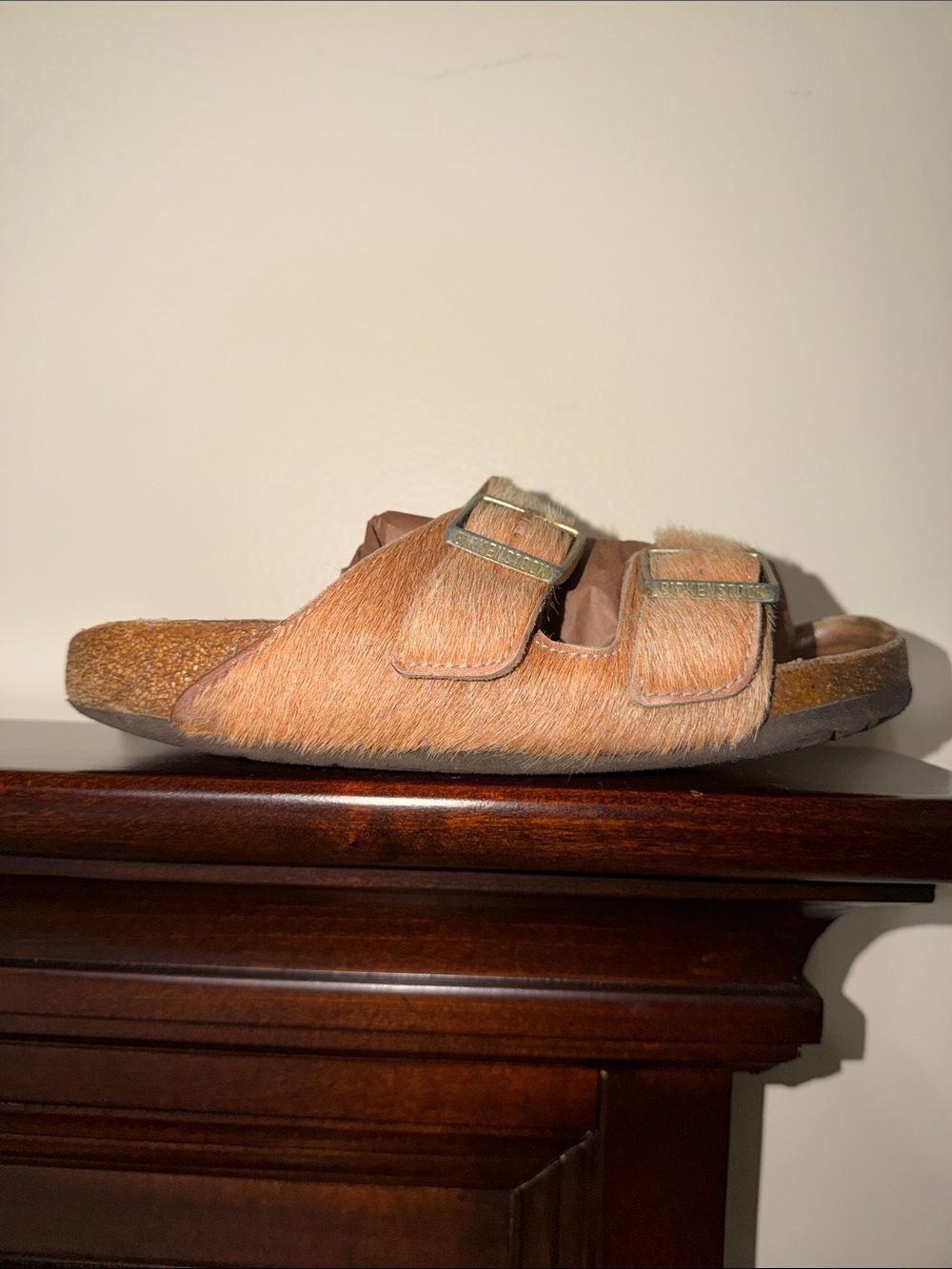 Birkenstock 6.5/37 Arizona sandals coral hair-on pony skin gold tone buckles